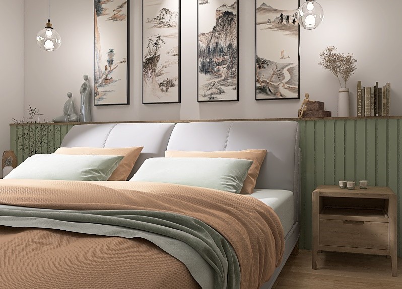 חדר שינה מאסטר עם נגיעות של אסתטיקה יפנית